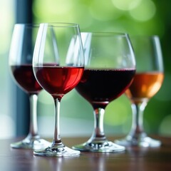 Naklejka premium A set of wine glasses showcasing various wines, close-up , food and drink, bottle