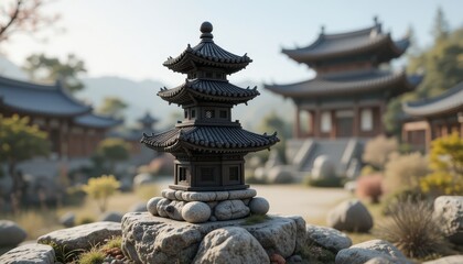 Serene Asian Temple Pagoda Tranquil Garden Setting at Sunrise