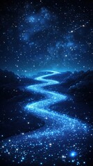 Starry night sky over a glowing river.