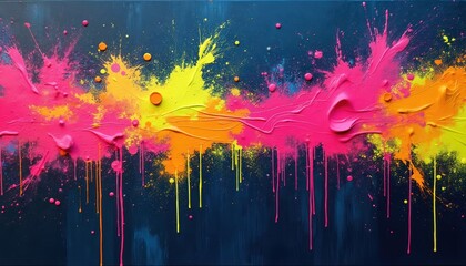 Fototapeta premium Abstract neon paint splatter with drips on dark blue background. Pink, orange, yellow vibrant colors. Dynamic colorful splashes, drips, dots and streaks create energetic modern art for backgrounds.