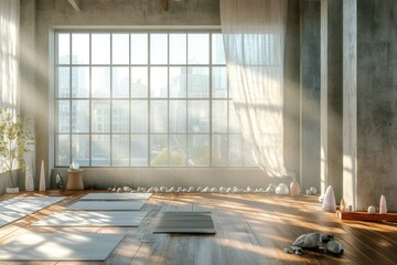 Urban yoga studio, morning sun streams through large windows