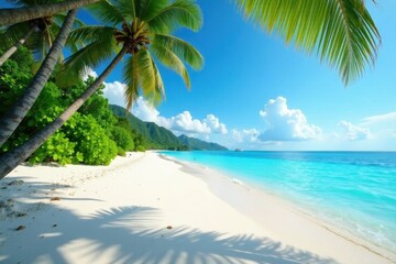 Obraz premium Azure water laps white sand, palm trees sway in gentle breeze , caribbean, relax, palms