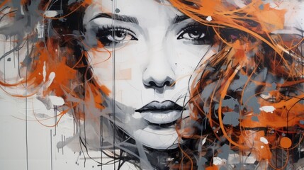 Abstract Woman Portrait with Orange Hair and Black and White Pal