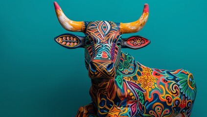 Naklejka premium Vibrant hand-painted bull sculpture, a captivating mix of colors and patterns against a teal backdrop.