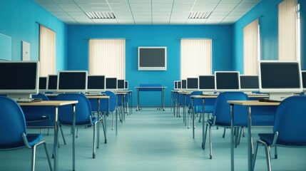 Modern Computer Lab with Rows of Desks and Monitors in Bright Blue