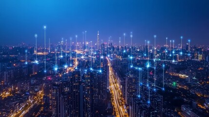 Fototapeta premium Smart City at Night Connected Urban Landscape.
