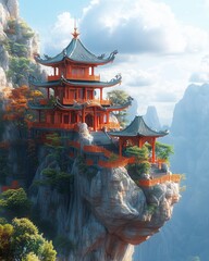 Obraz premium Stunning pagoda on a rocky mountain peak.