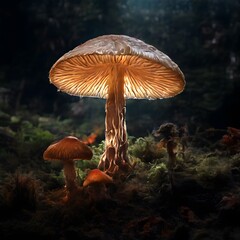 Fototapeta premium A large, intricately gilled mushroom stands prominently against a lush, dark backdrop.