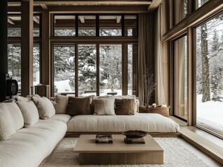 Fototapeta premium A cozy and warm living room with snowy outdoor views
