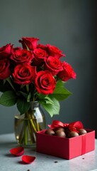 Lush red rose bouquet and decadent chocolate box, soft-lit backdrop , love, box