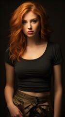 Fototapeta premium Woman in Black T-Shirt and Brown Skirt