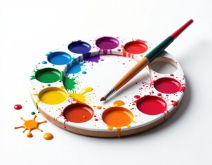 Obraz premium Colorful Watercolor Paint Palette with Brush and Splashes