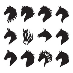 Horse head vector black silhouette lineart logo icon, Horse head vector black silhouette lineart logo icon bundle, animal isolated on white background collection, creative minimal clean detail editabl