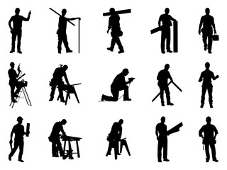 Set of Carpenter Silhouette in various poses isolated on white background