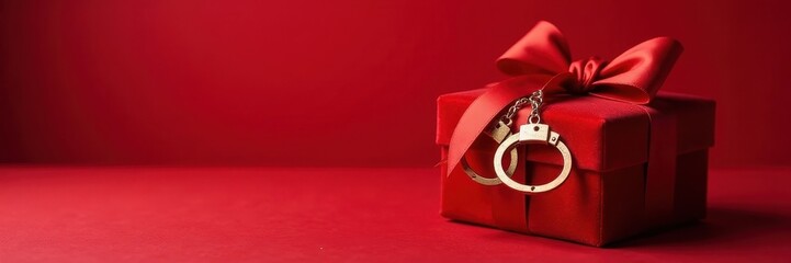 Velvet gift box, plush handcuffs, red backdrop, celebration, intimacy