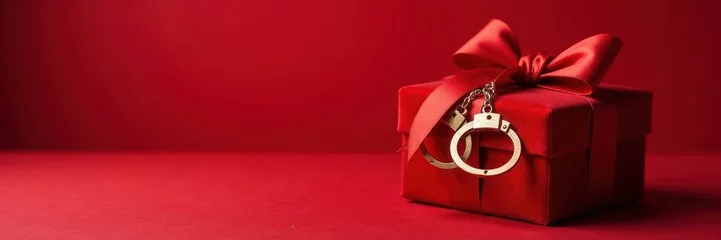 Velvet gift box, plush handcuffs, red backdrop, celebration, intimacy © Thitipa