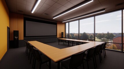 Modern Conference Room with Large Screen and Scenic View