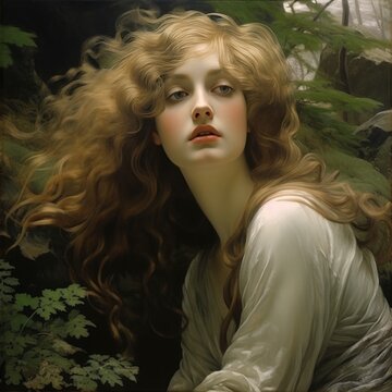 "Enchanting Woman with Flowing Hair in a Forest"