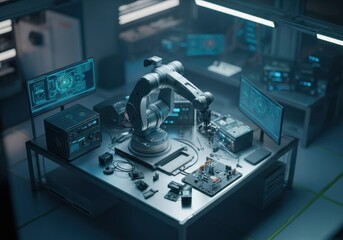 Fototapeta premium Advanced robotic arm in a high-tech laboratory setting with multiple screens