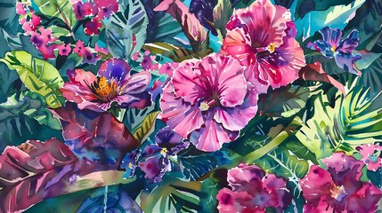 Vibrant Watercolor Floral Paradise: A Lush Tapestry of Pink and Purple Blooms