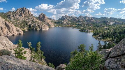 Stunning Panoramic View of a Mountain Lake in a Rocky Landscape