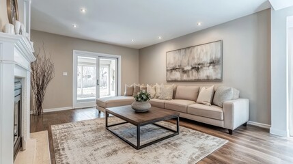 Modern Living Room Interior Design with Beige Sectional Sofa and Large Artwork