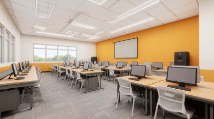 Modern Classroom with Computers, Desks, and Bright Orange Wall