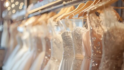 A rack of beautiful wedding dresses in soft pastel colors, hanging on hangers at the front of an elegant boutique with warm lighting and a blurred background that suggests luxury and sophistication