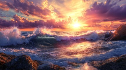 Fototapeta premium Waves crash on the rocks as the sun sets, painting the sky with vibrant oranges and purples. A breathtaking scene of nature's power and beauty.
