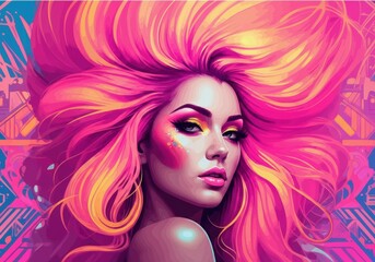 Vibrant portrait of a woman with striking pink hair and colorful makeup