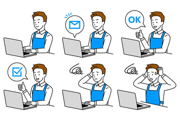 ノートパソコンを操作するエプロン姿の男性　セット