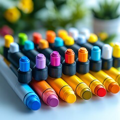 A collection of colorful markers and felt-tip pens spread out on a white desk, some with open caps showing bright ink