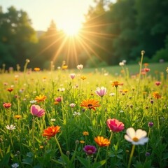 Obraz premium Sun-drenched meadow, vibrant wildflowers blooming, botany, rural