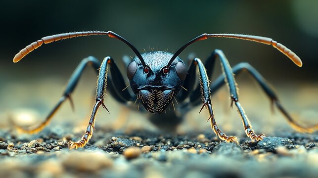 Macro shot of a black ant crawling from an anthill onto a textured terrain revealing intricate body features