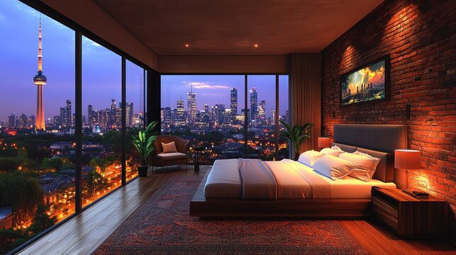 Modern urban bedroom with city views