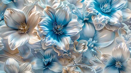 Ethereal Blue and White Floral Symphony: A Luxurious 3D Bloom Extravaganza