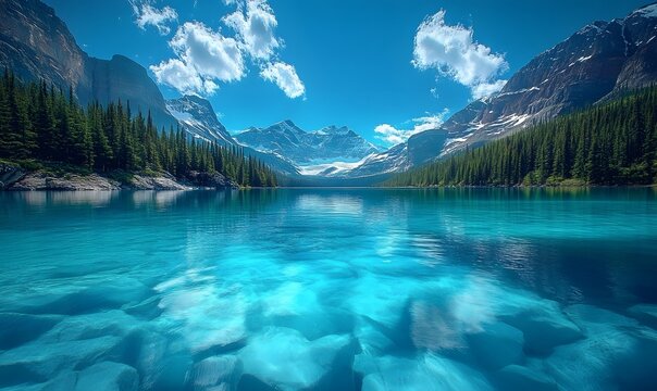 Serene turquoise lake surrounded by majestic mountains and lush green forest under clear sky