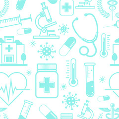 Seamless pattern of A collection of medical icons and medical icons on a blue background