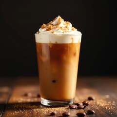 Brown sugared iced coffee with thick cream and ice, close up, coffee, delicious
