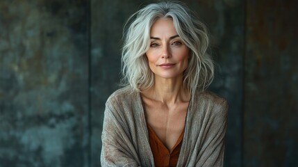 Fototapeta premium A middle-aged woman with long, silver-gray hair poses thoughtfully against a textured, light-colored background.