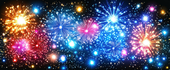 Fototapeta premium Colorful fireworks display lighting up night sky with vibrant bursts of red, blue, and gold, creating festive atmosphere filled with joy and celebration
