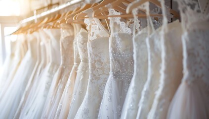 A row of elegant wedding dresses hangs in the shop, bathed in soft sunlight