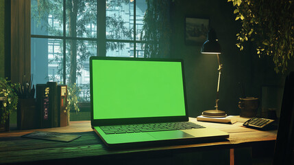 working from home concept, laptop with green screen indoor scene, in a modern decorated home, windows open sun rays day lighting green plants remote work 3d rendering composition