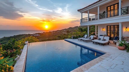Luxury oceanfront villa with infinity pool at sunset
