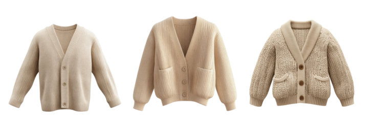 Cozy Beige Cardigans in Styled Arrangement on a Transparent Background