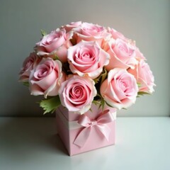 Pastel pink rose bouquet, small gift box with bow, delicate, pastel, decorative