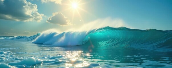 Sunbeams dance on turquoise waves, creating sparkling highlights , movement, water