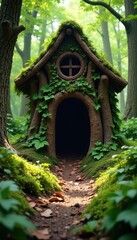 Rustic woodland fort, crafted from branches & leaves , summer, privacy, forest