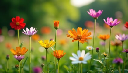 Fototapeta premium Vibrant wildflowers in bloom, Massachusetts summer , blue, red