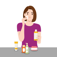 Woman applying facial toner with a cotton pad while surrounded by various skincare products. Flat vector illustration isolated on white background